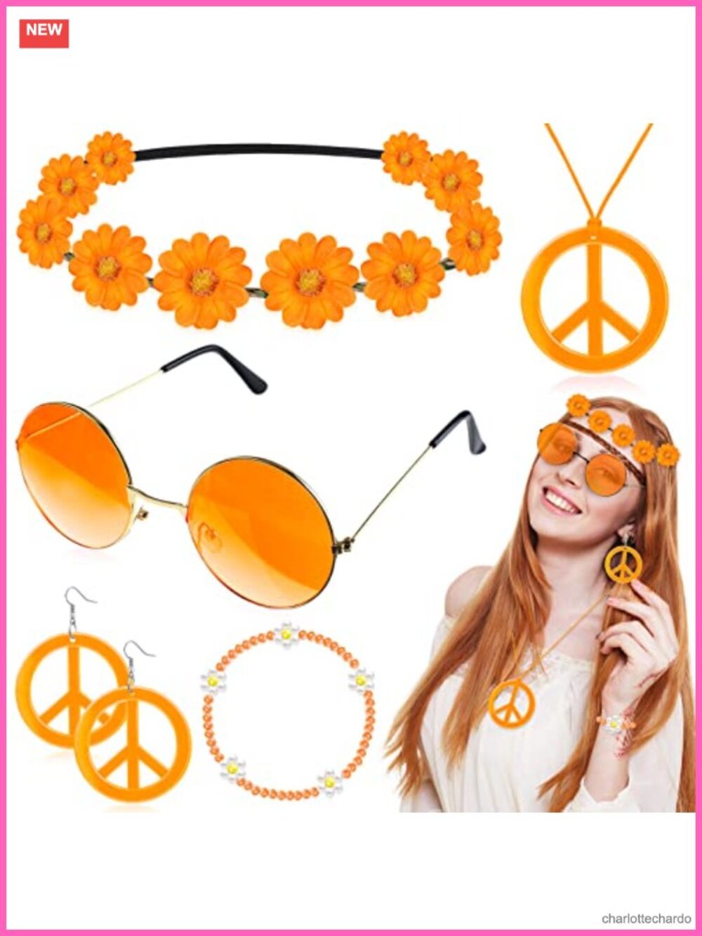 Hippie Costume Accessories Set Headband Necklace Earrings Glasses Wristband